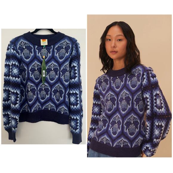 Farm Rio Blue Pinneaple Cobogo Knit Sweater - Picture 1 of 6